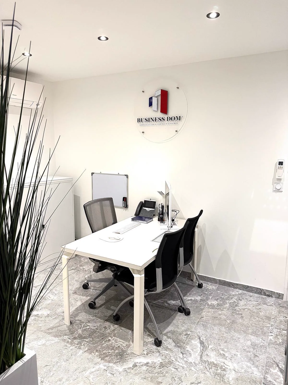 Bureau privé Business Dom à Mitry-Mory — logo tricolore mural et espace de travail moderne